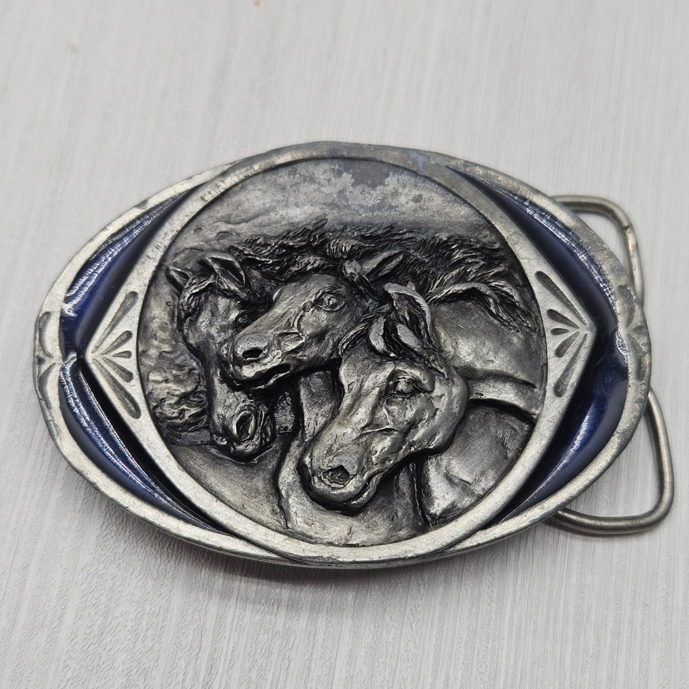 Vintage 1983 Bergamot Brass Works Wild Horses Belt Buckle K-146 Made in USA 3D